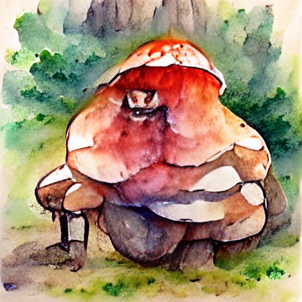 A giant sitting on a small mushroom watercolour, 500 iteraatiota, VQGAN + CLIP