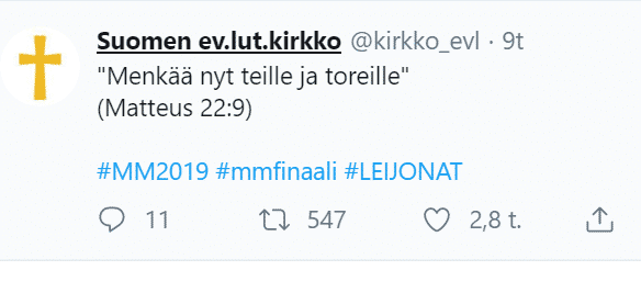 Kuvakaappaus Suomen ev. lut. kirkon Twitteristä